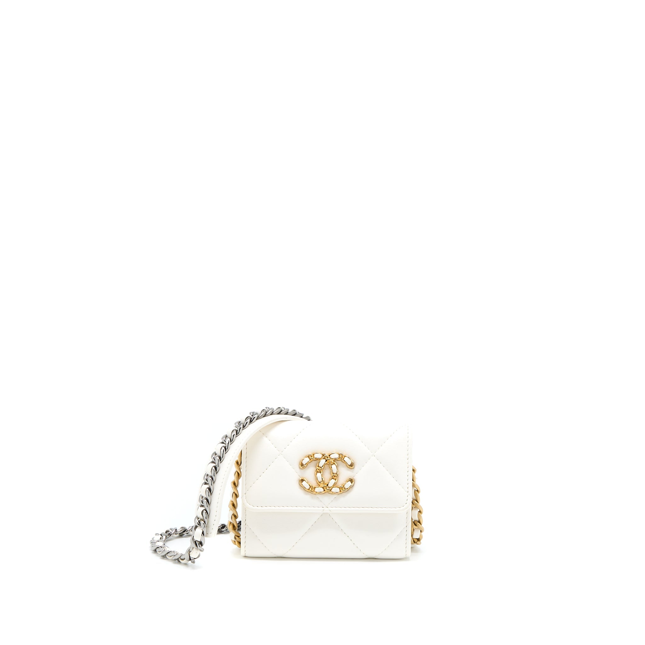 CHANEL 19 COIN PURSE WITH CHAIN GOATSKIN WHITE MULTICOLOUR HARDWARE