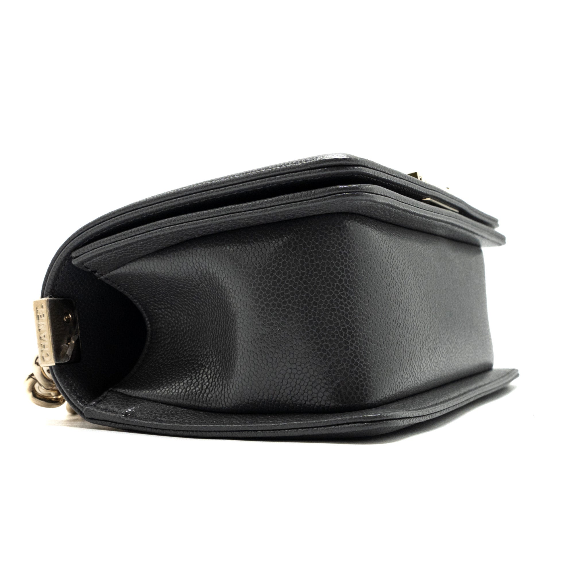 CHANEL SMALL BOY BAG CAVIAR GREY LGHW (MICROCHIP)