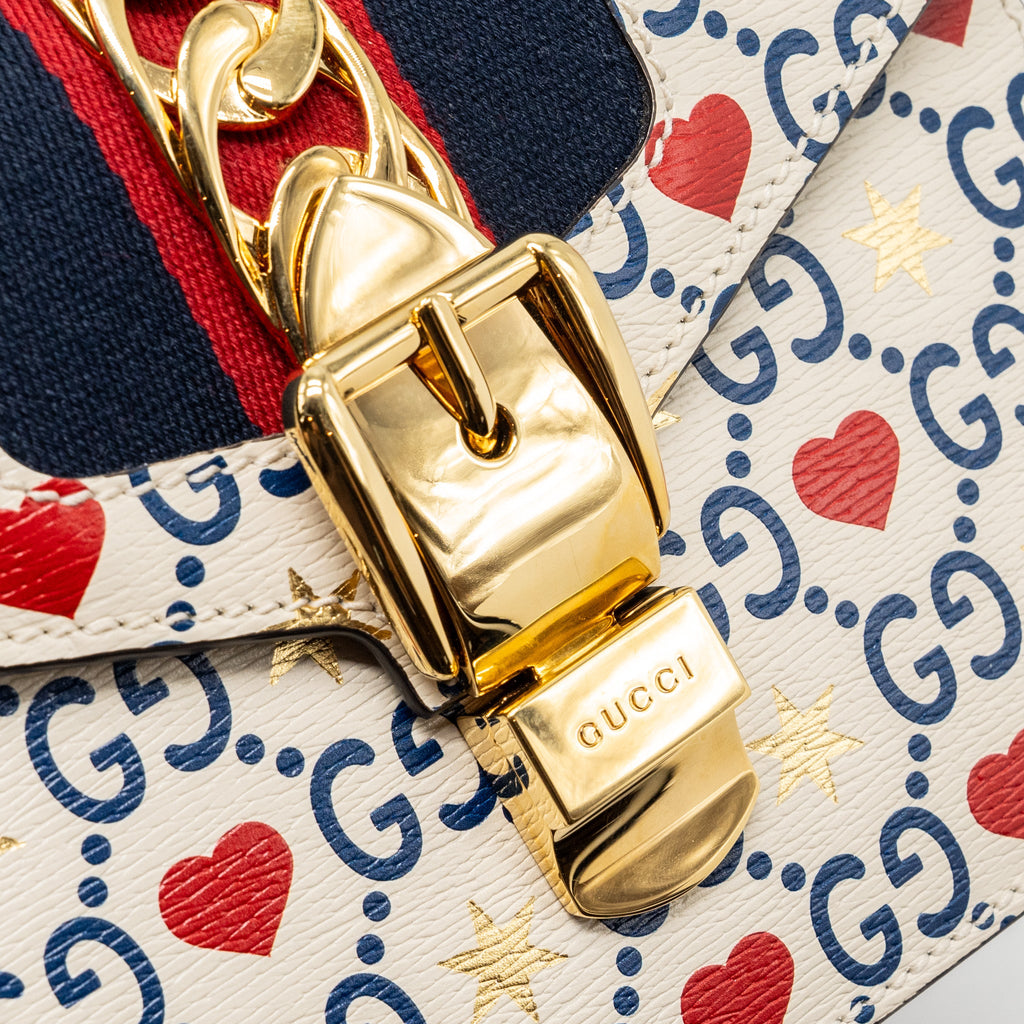 GUCCI MINI TOP HANDLE SYLVIE TOTE BAG WITH HEART PRINT LIMITED WHITE MULTICOLOR GHW