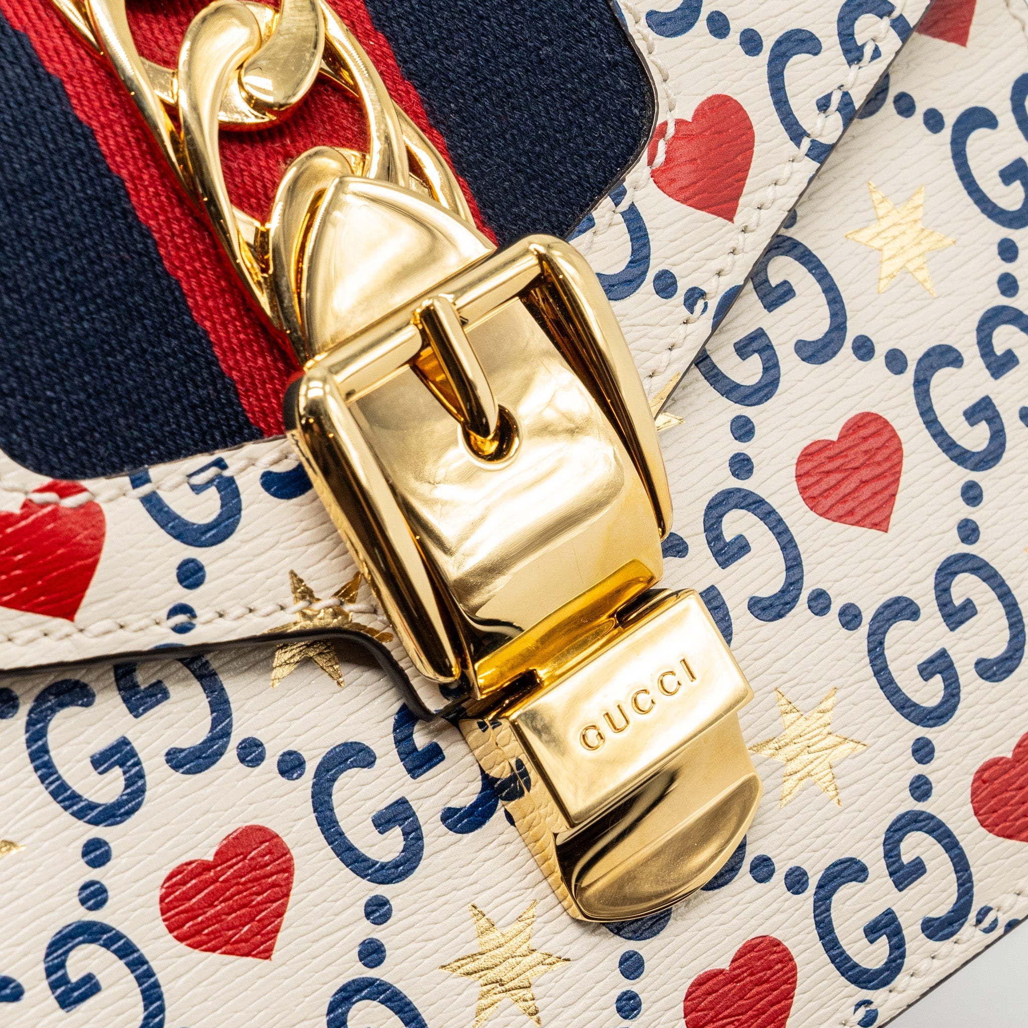 GUCCI MINI TOP HANDLE SYLVIE TOTE BAG WITH HEART PRINT LIMITED WHITE MULTICOLOR GHW