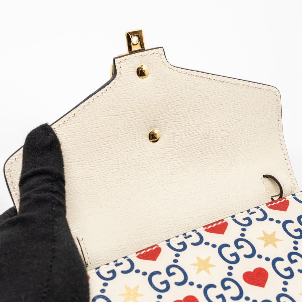 GUCCI MINI TOP HANDLE SYLVIE TOTE BAG WITH HEART PRINT LIMITED WHITE MULTICOLOR GHW