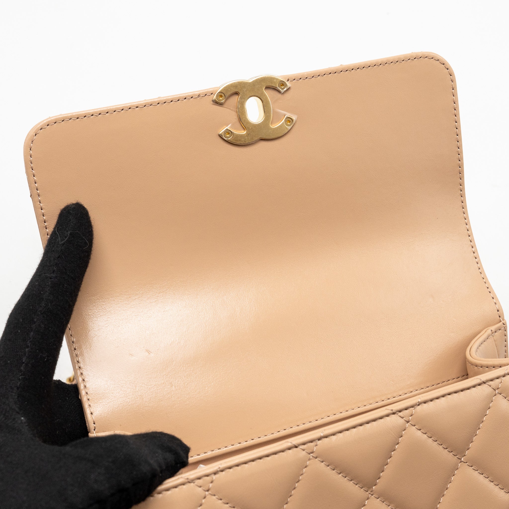 CHANEL GOLD CRUSH MINI FLAP BAG CALFSKIN BEIGE GHW (MICROCHIP)