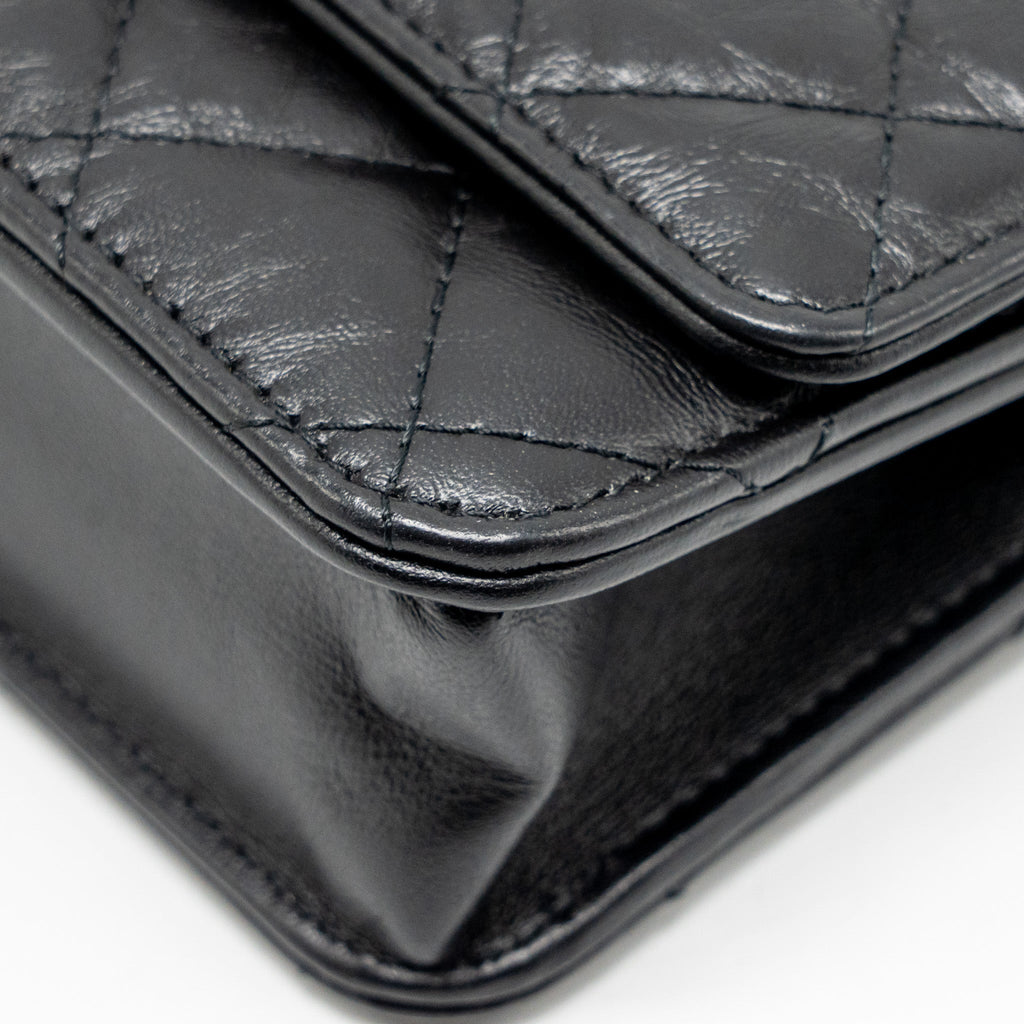 CHANEL 2.55 WALLET ON CHAIN AGED CALFSKIN BLACK BRUSHED GHW (MICROCHIP)