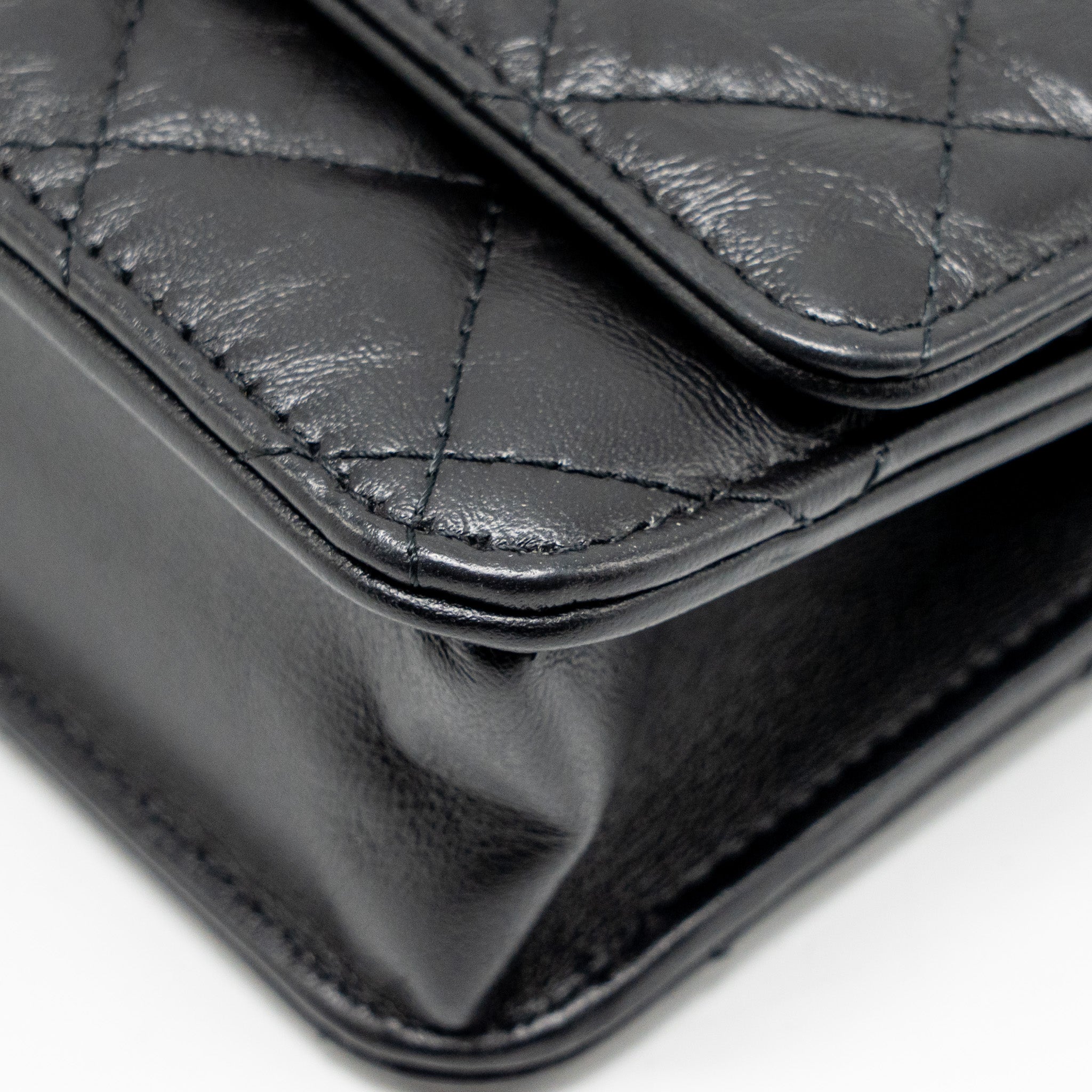 CHANEL 2.55 WALLET ON CHAIN AGED CALFSKIN BLACK BRUSHED GHW (MICROCHIP)