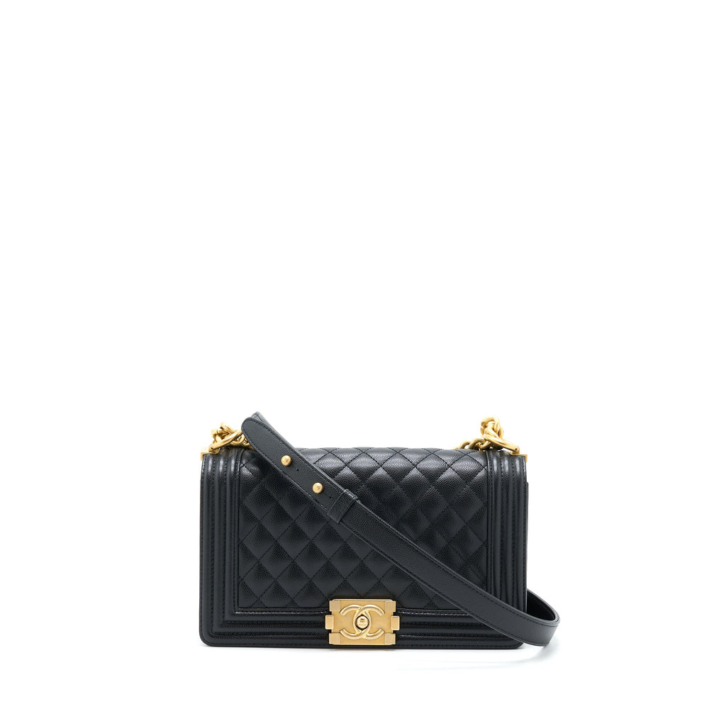 CHANEL MEDIUM BOY BAG CAVIAR BLACK BRUSHED GHW
