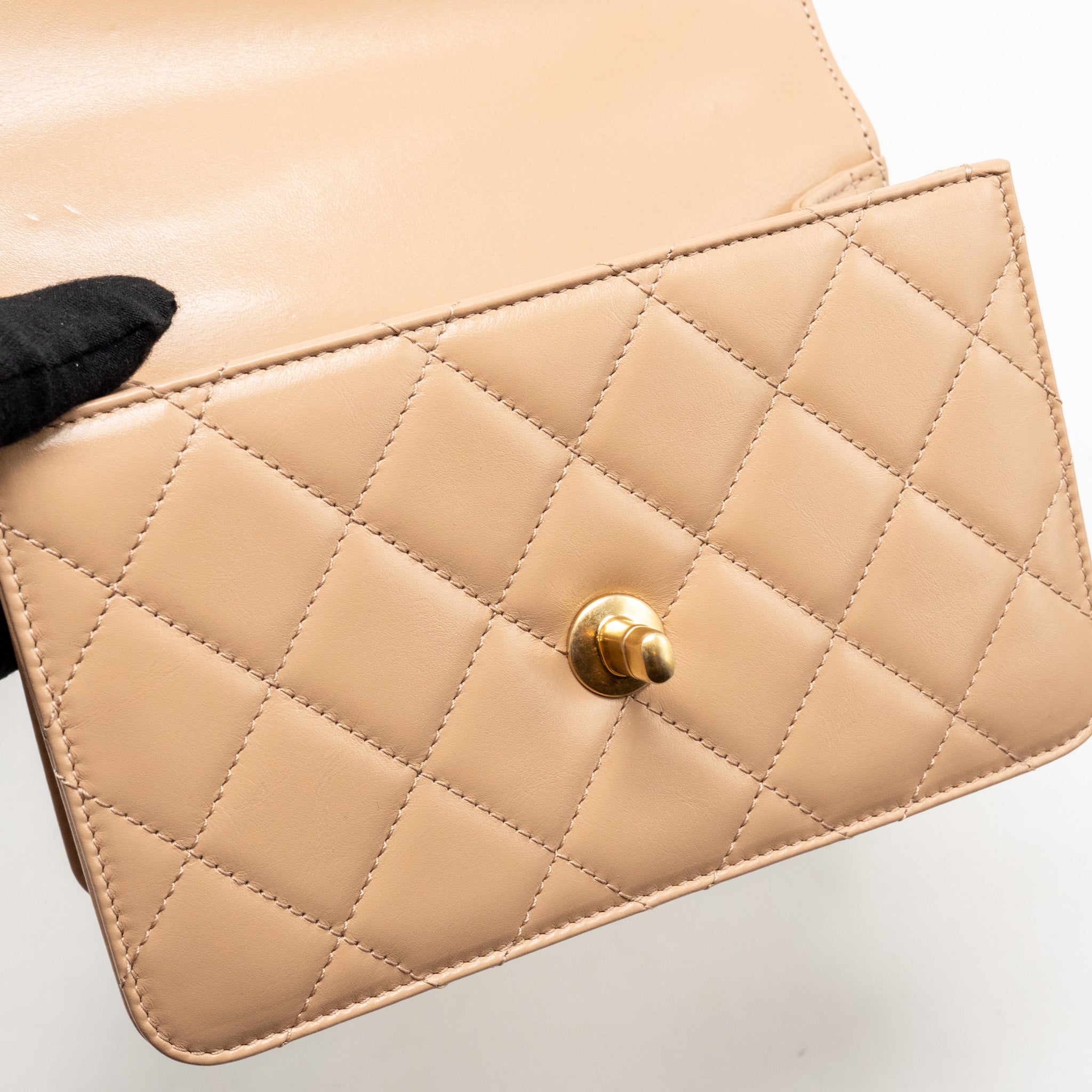 CHANEL GOLD CRUSH MINI FLAP BAG CALFSKIN BEIGE GHW (MICROCHIP)