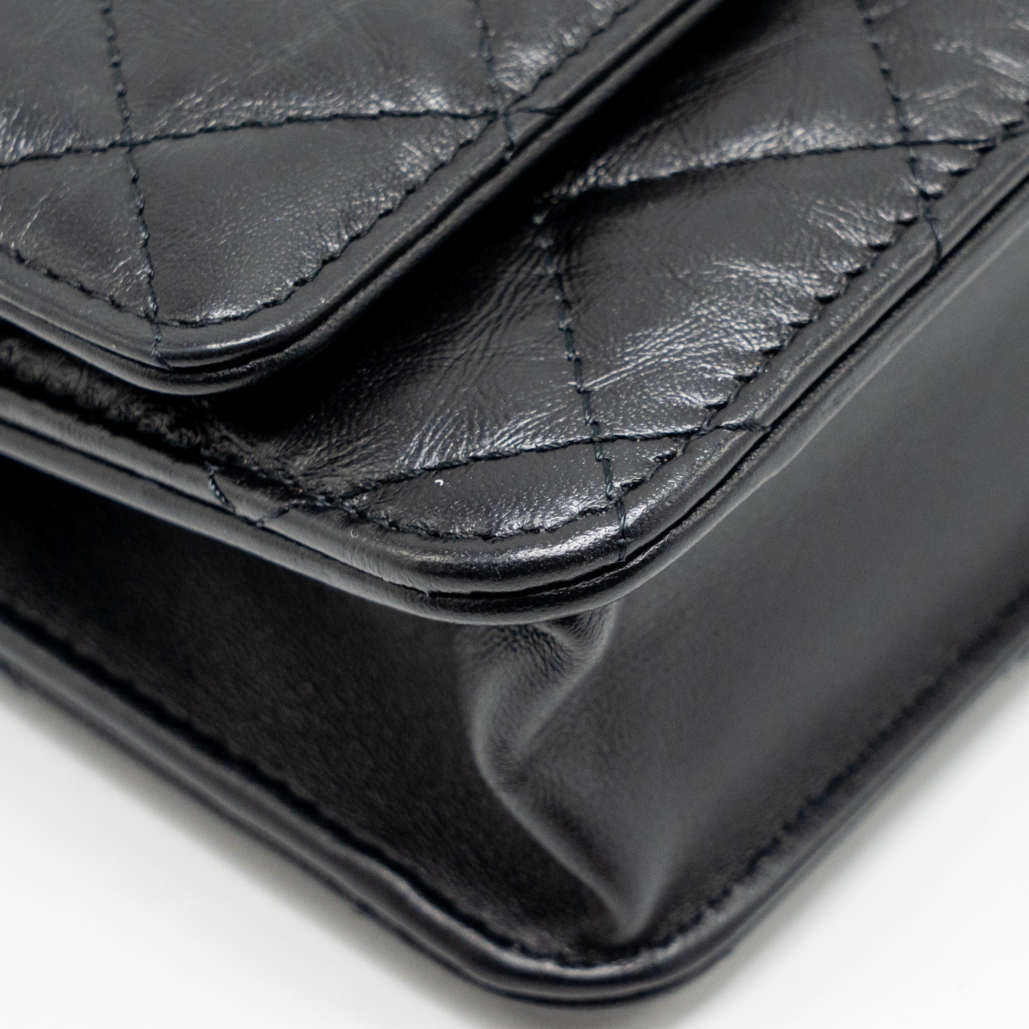 CHANEL 2.55 WALLET ON CHAIN AGED CALFSKIN BLACK BRUSHED GHW (MICROCHIP)
