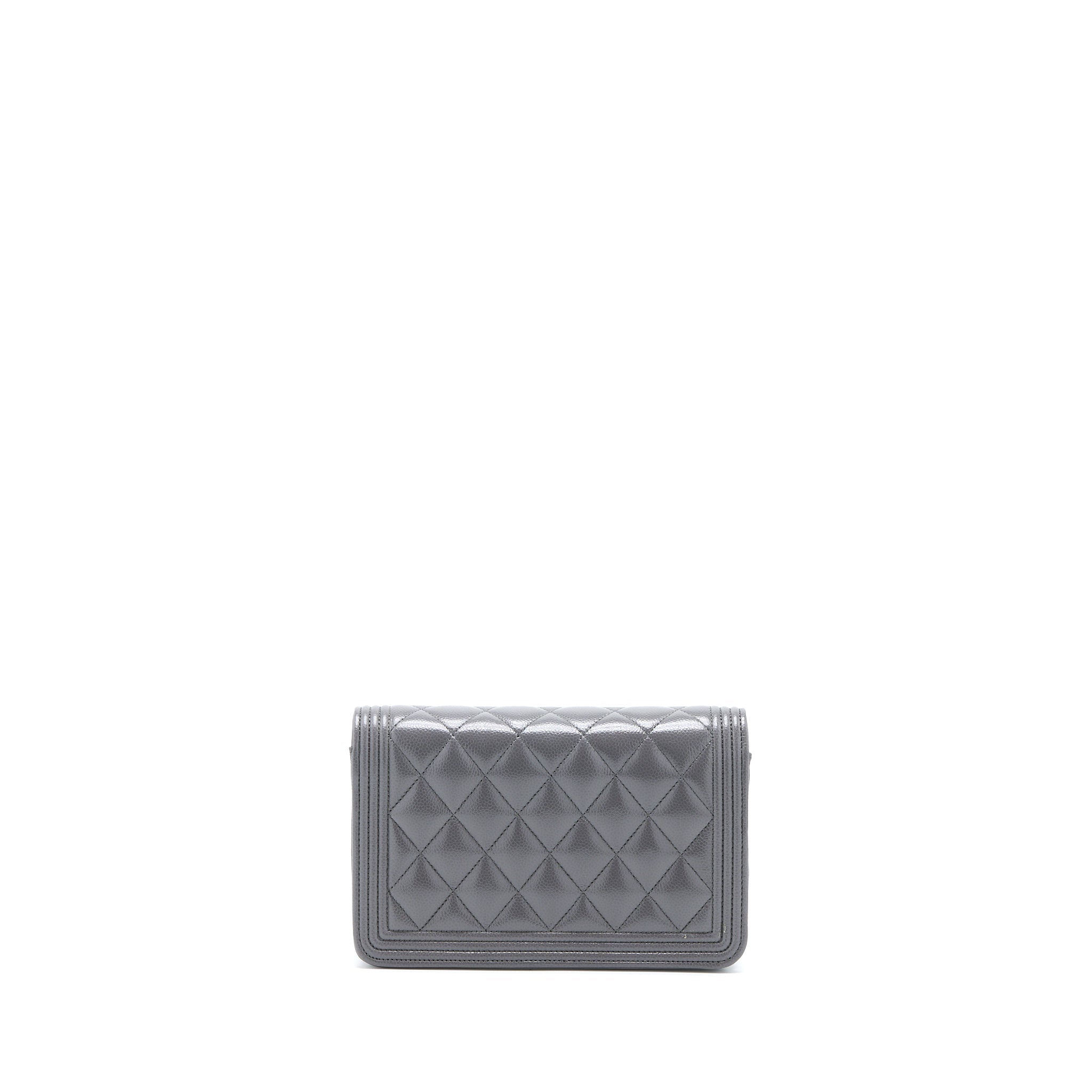 CHANEL 22A BOY WALLET ON CHAIN GRAINED CALFSKIN DARK GREY BRUSHED GHW (MICROCHIP)