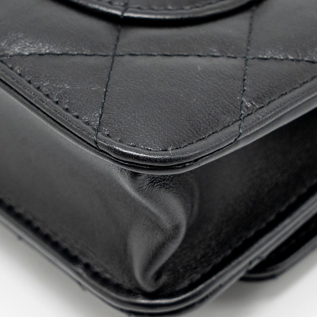 CHANEL 2.55 WALLET ON CHAIN AGED CALFSKIN BLACK BRUSHED GHW (MICROCHIP)