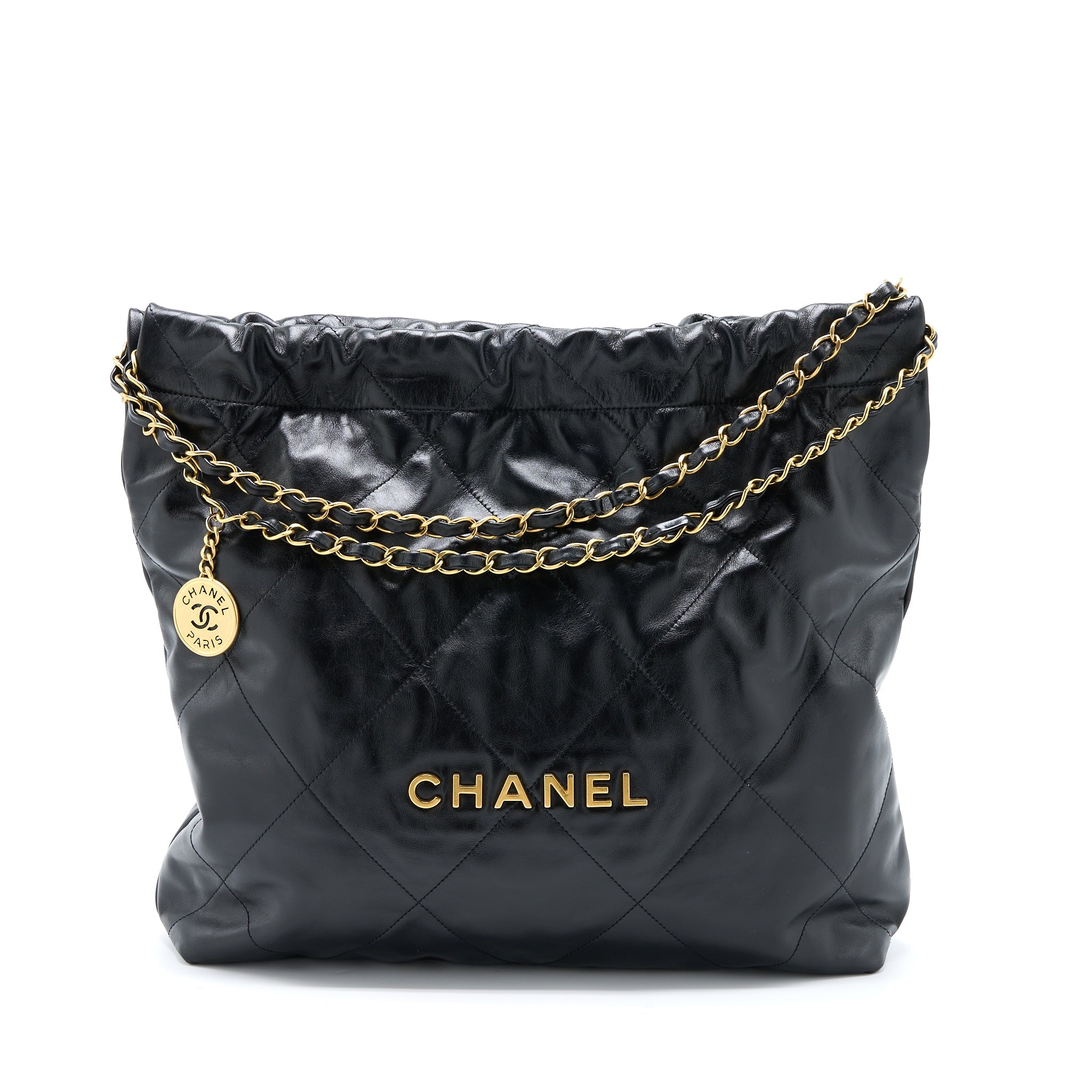 CHANEL MEDIUM 22 BAG SHINY CALFSKIN BLACK BRUSHED GHW (MICROCHIP)