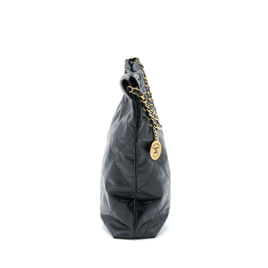 CHANEL MEDIUM 22 BAG SHINY CALFSKIN BLACK BRUSHED GHW (MICROCHIP)