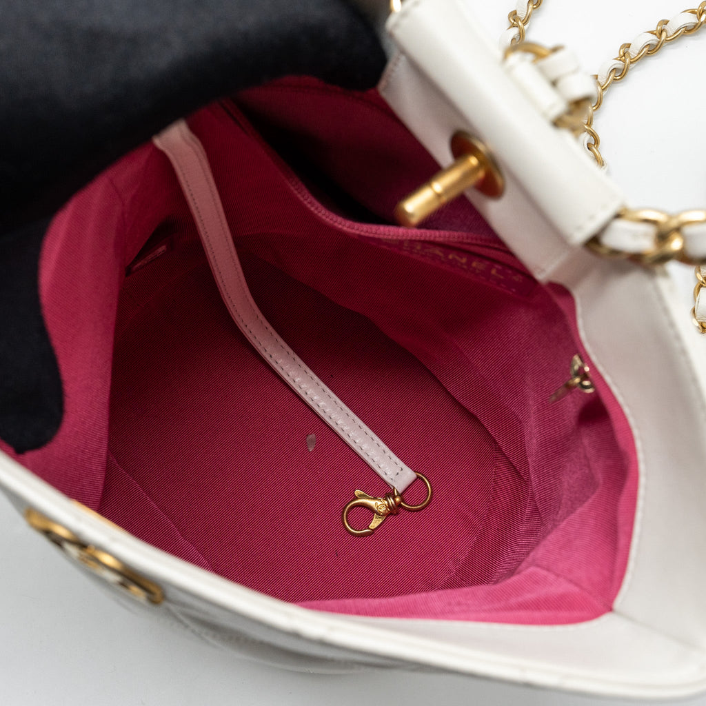 CHANEL ROUND HANDLE BUCKET BACKPACK LAMBSKIN WHITE GHW