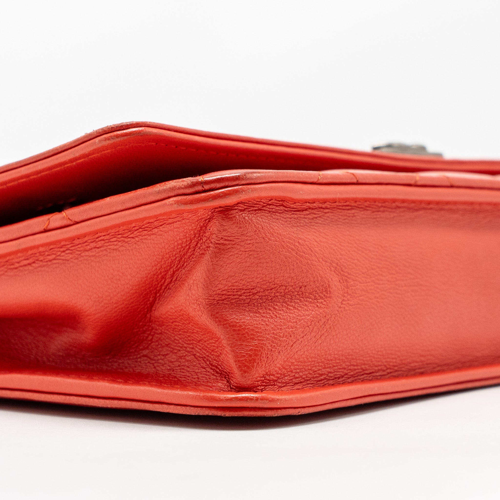 CHANEL BOY WALLET ON CHAIN LAMBSKIN RED RUTHENIUM SILVER HARDWARE