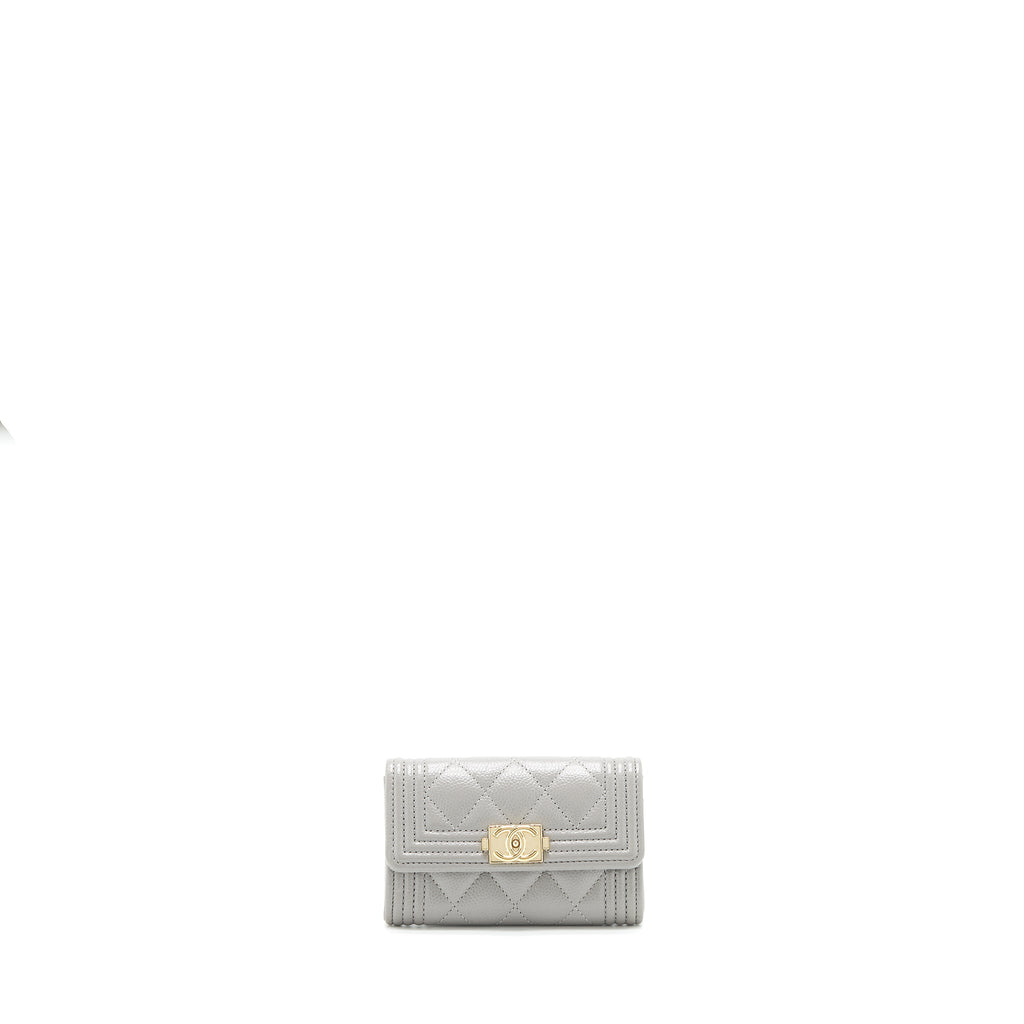 CHANEL BOY FLAP CARD HOLDER CAVIAR LIGHT GREY LGHW