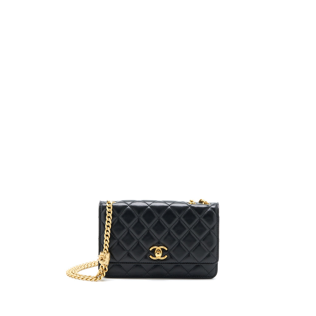 CHANEL 22K GOLD PILLAR WALLET ON CHAIN LAMBSKIN BLACK BRUSHED GHW (MICROCHIP)