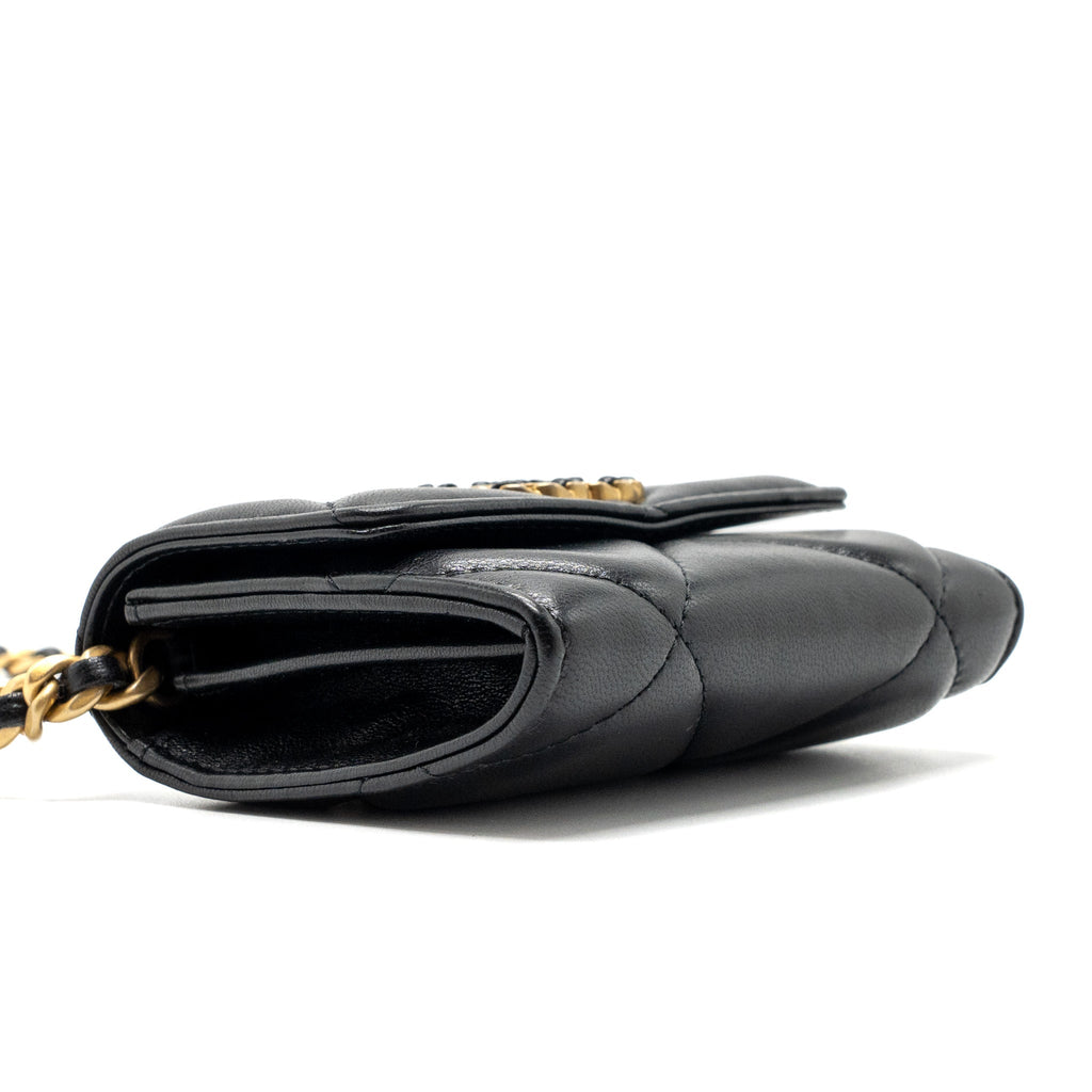 CHANEL 19 FLAP CARD HOLDER WITH CHAIN LAMBSKIN BLACK MULTICOLOR HARDWARE