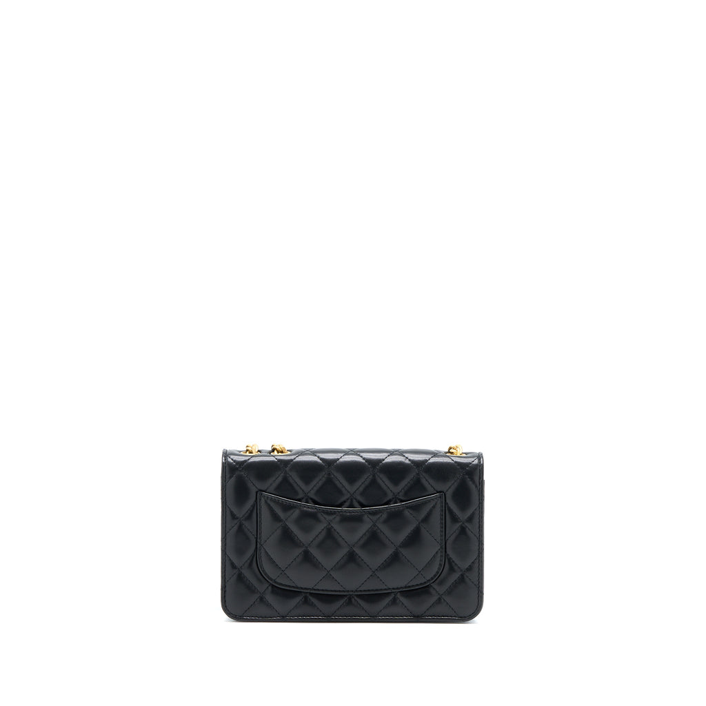 CHANEL 22K GOLD PILLAR WALLET ON CHAIN LAMBSKIN BLACK BRUSHED GHW (MICROCHIP)