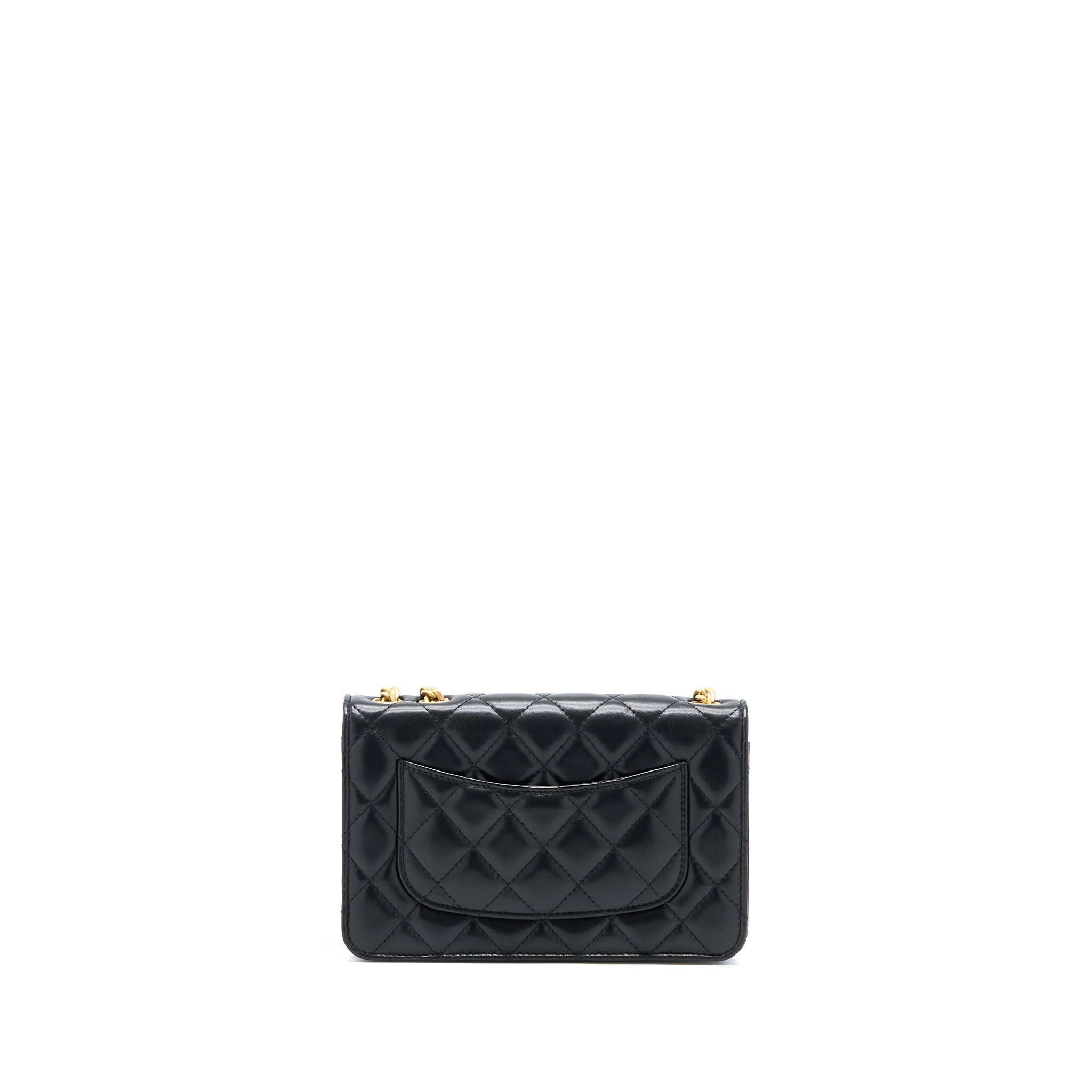 CHANEL 22K GOLD PILLAR WALLET ON CHAIN LAMBSKIN BLACK BRUSHED GHW (MICROCHIP)