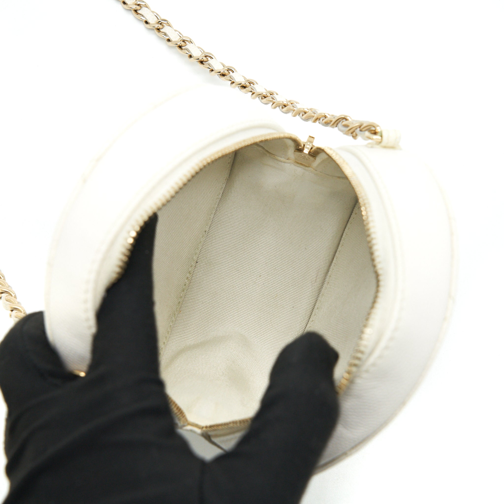 CHANEL MINI ROUND BAG WITH CHAIN CAVIAR WHITE LGHW