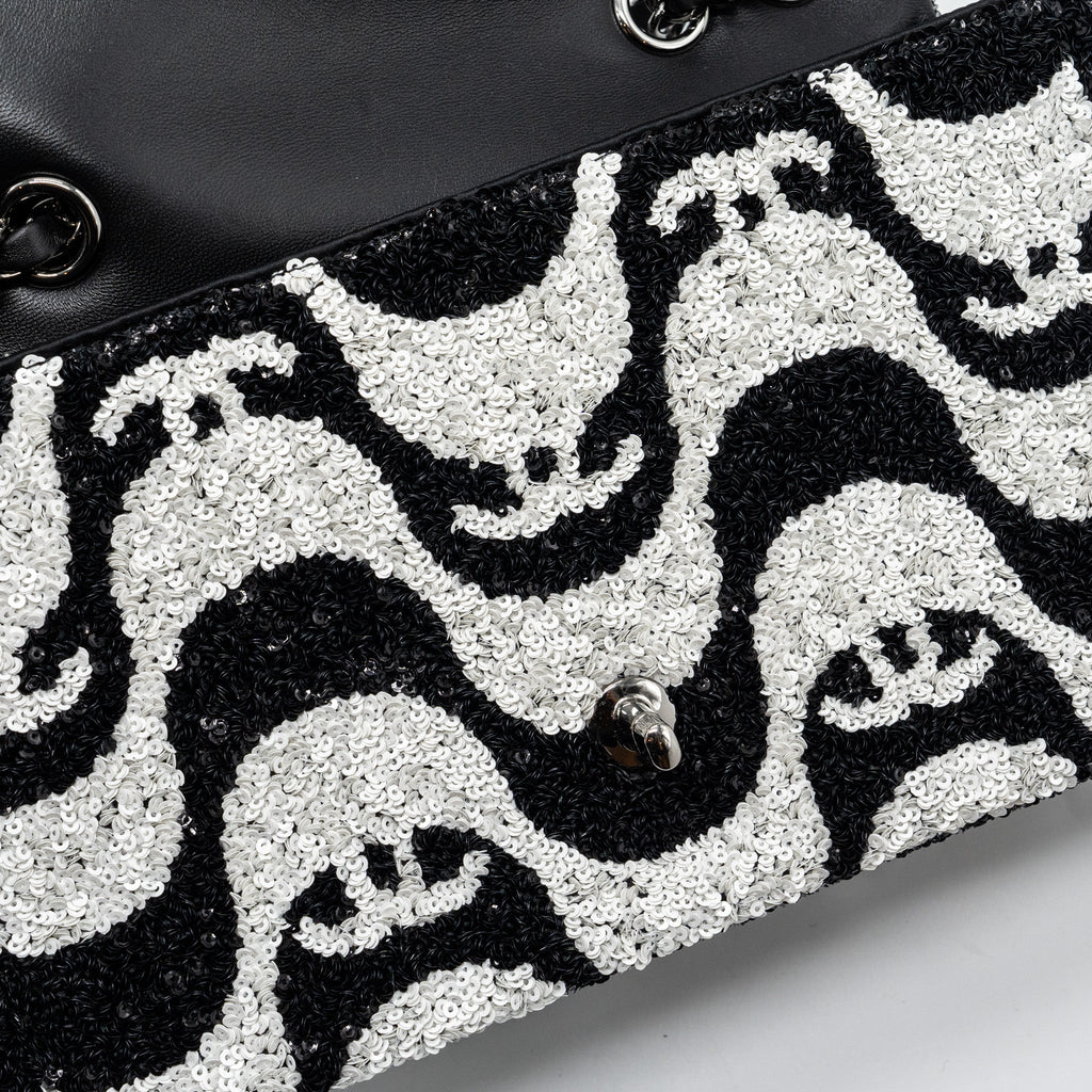 CHANEL 21P LIMITED EDITION FLAP BAG SEQUINS/ SATIN BLACK/ WHITE SHW