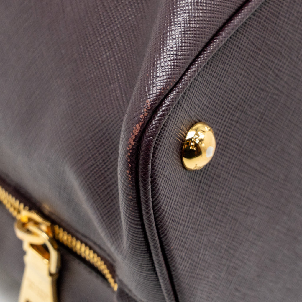 PRADA SAFFIANO VERNICE PROMENADE LARGE DOME TOTE BAG LEATHER MOGANO GHW