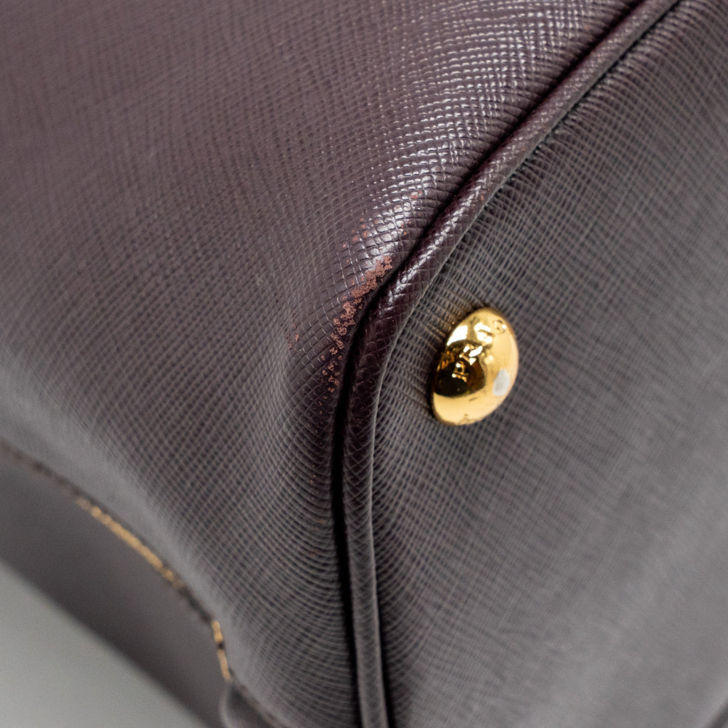 PRADA SAFFIANO VERNICE PROMENADE LARGE DOME TOTE BAG LEATHER MOGANO GHW