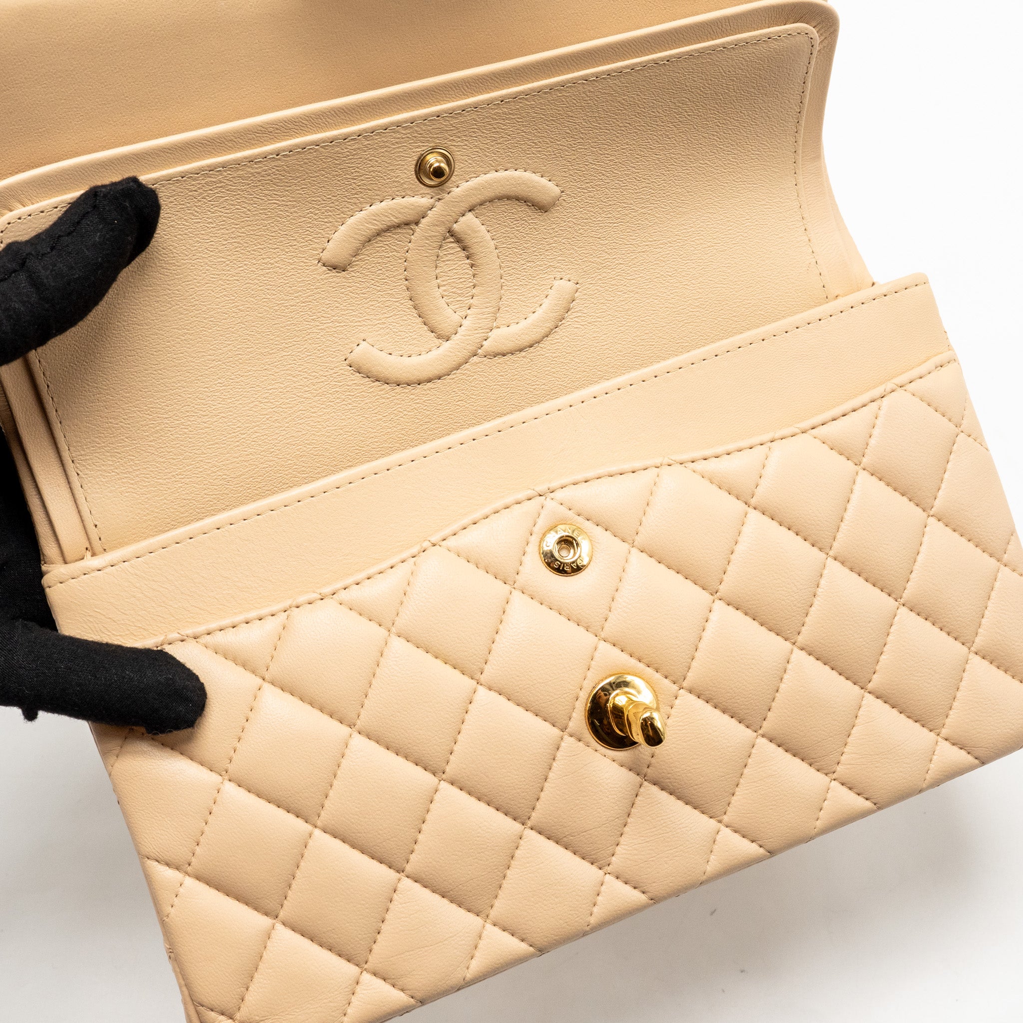 CHANEL SMALL CLASSIC DOUBLE FLAP BAG LAMBSKIN BEIGE GHW