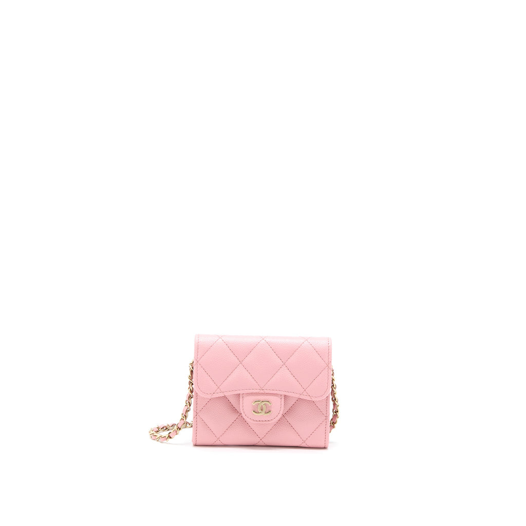 CHANEL 22C FLAP CARD HOLDER WITH CHAIN CAVIAR PINK LGHW