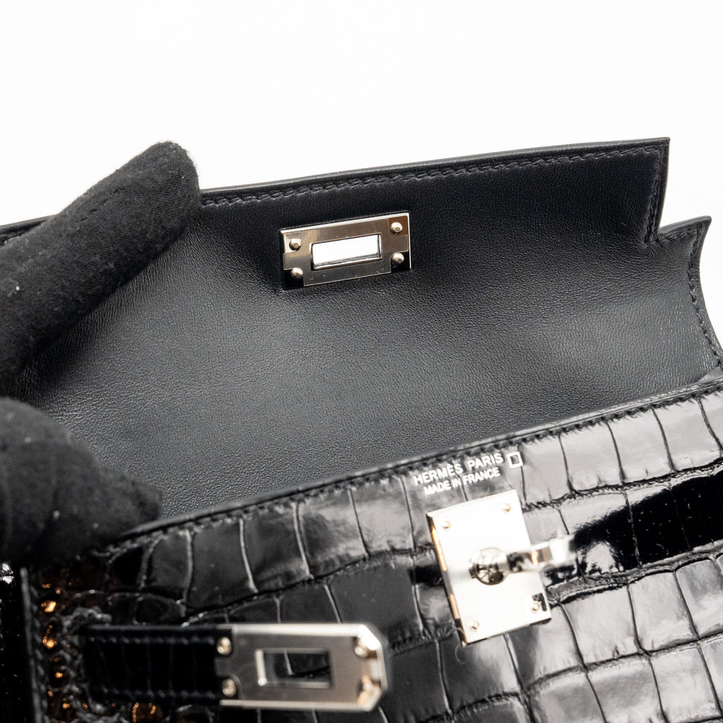 HERMES MINI KELLY II SHINY ALLIGATOR MISSISSIPPIENSIS BLACK SHW