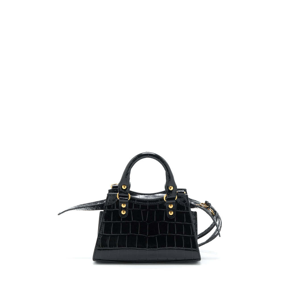 BALENCIAGA NANO NEO CLASSIC CITY BAG CROC-EMBOSSED CALFSKIN BLACK GHW