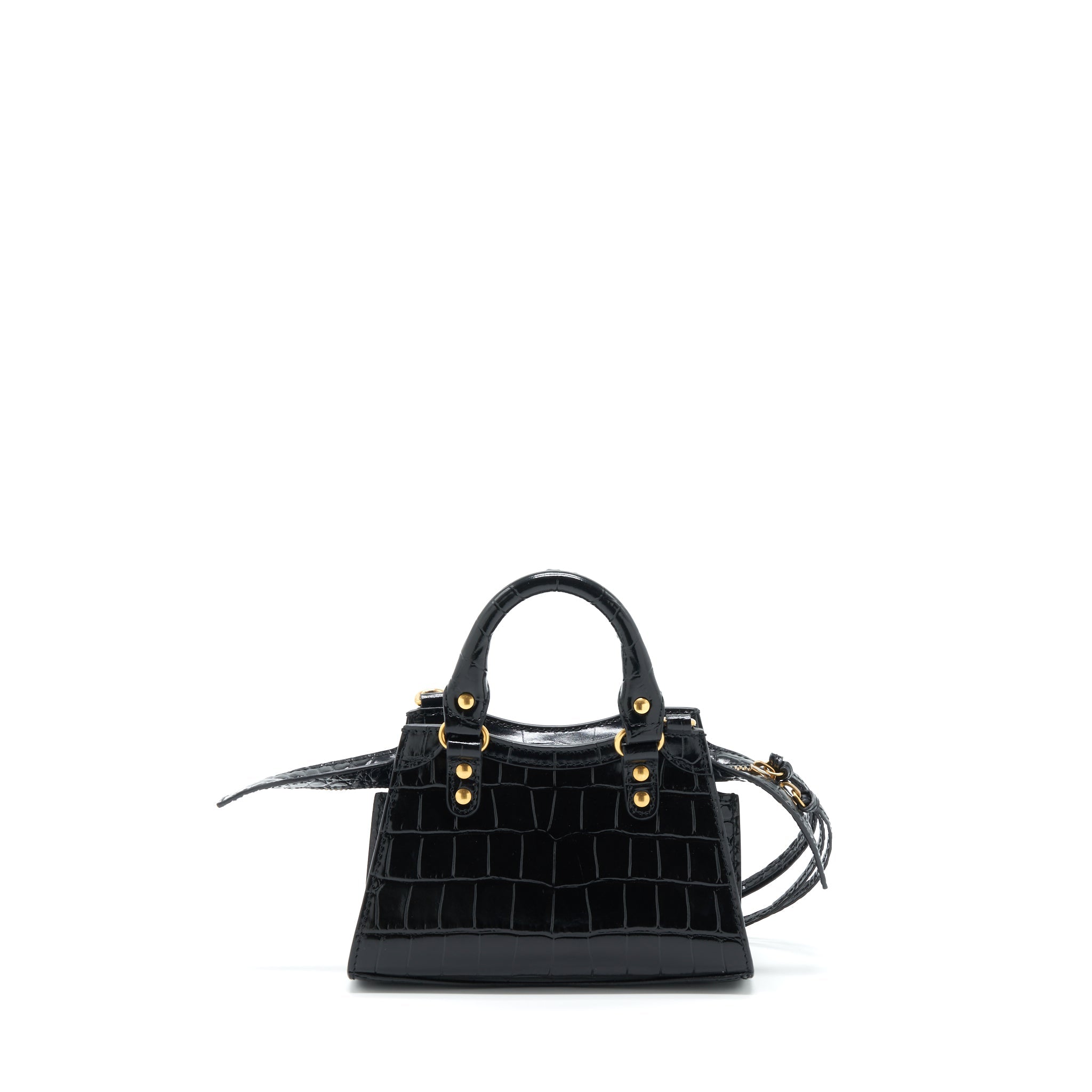 BALENCIAGA NANO NEO CLASSIC CITY BAG CROC-EMBOSSED CALFSKIN BLACK GHW