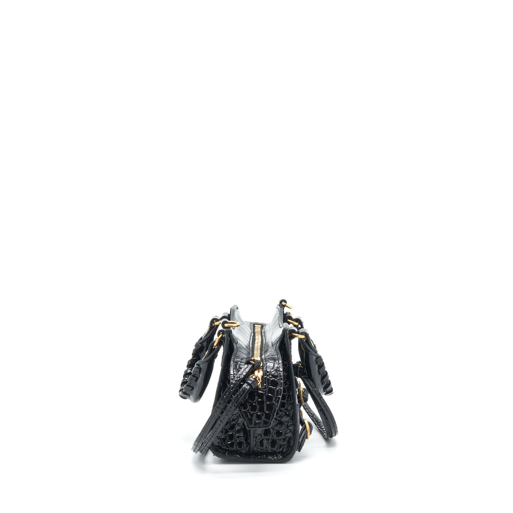 BALENCIAGA NANO NEO CLASSIC CITY BAG CROC-EMBOSSED CALFSKIN BLACK GHW