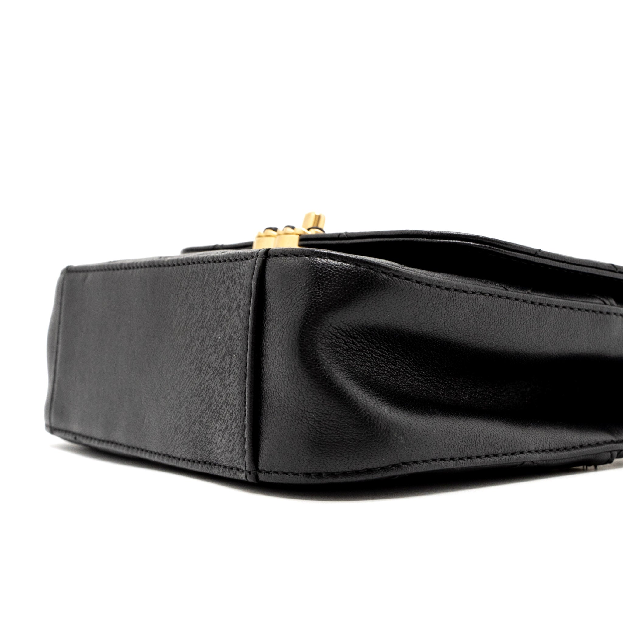CHANEL TOP HANDLE FLAP BAG DETAILED LOGO GOATSKIN BLACK GHW