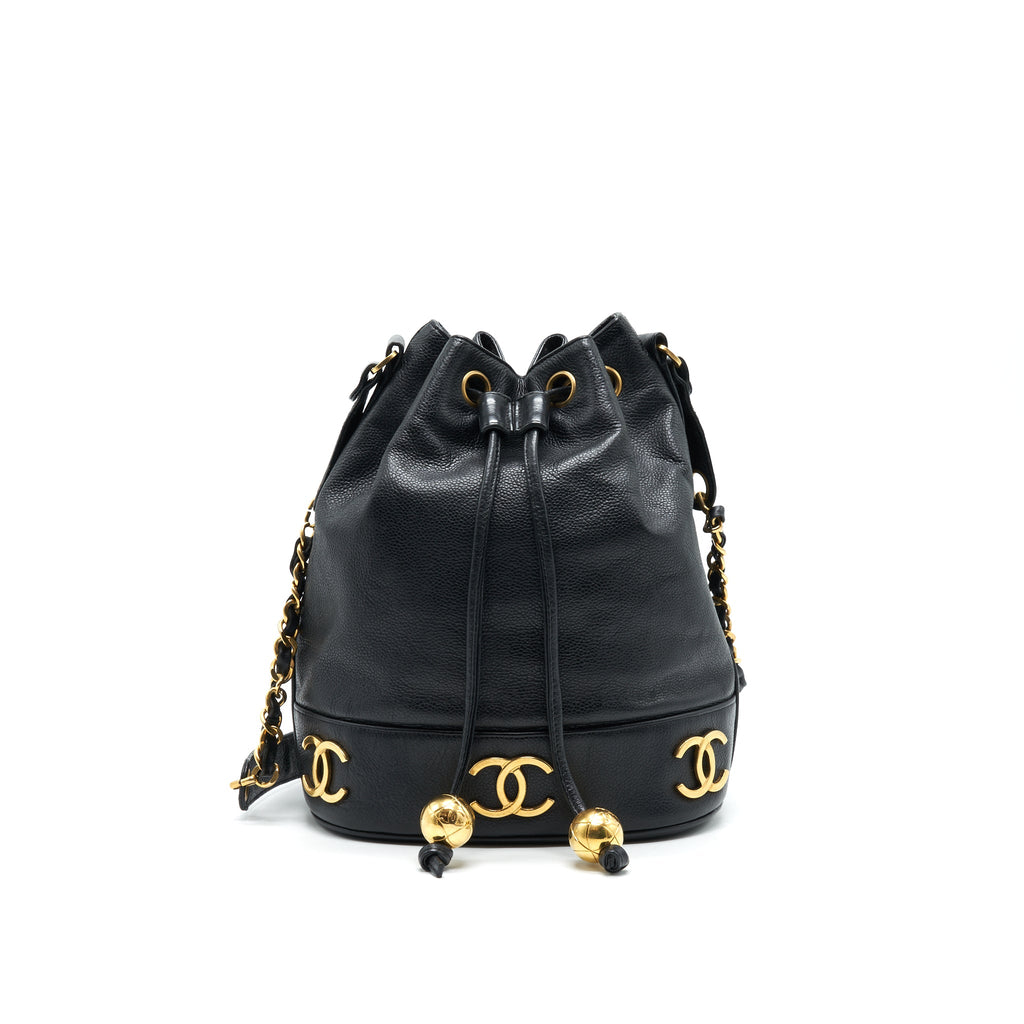 CHANEL VINTAGE CC LOGO PEARL CRUSH CAVIAR BUCKET BAG BLACK