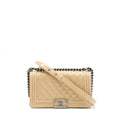 CHANEL MEDIUM BOY PATENT LIGHT BEIGE RUTHENIUM SLIVER HARDWARE