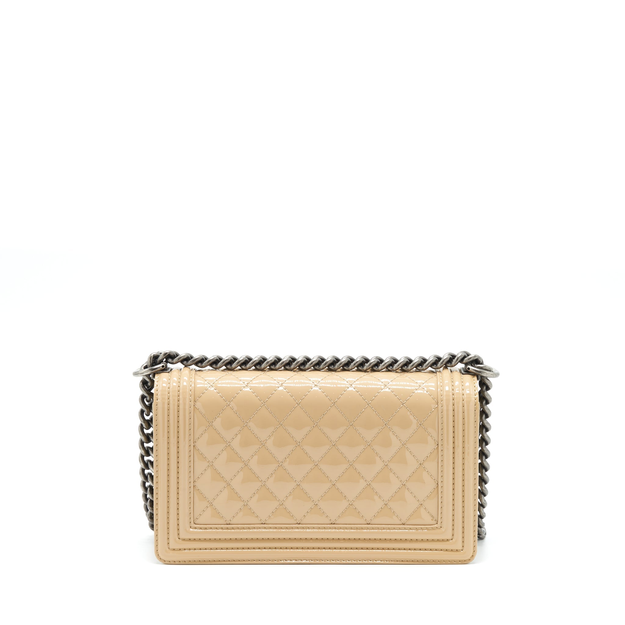 CHANEL MEDIUM BOY PATENT LIGHT BEIGE RUTHENIUM SLIVER HARDWARE