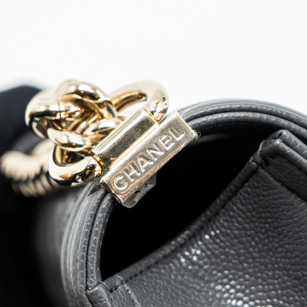CHANEL SMALL BOY BAG CAVIAR GREY LGHW (MICROCHIP)