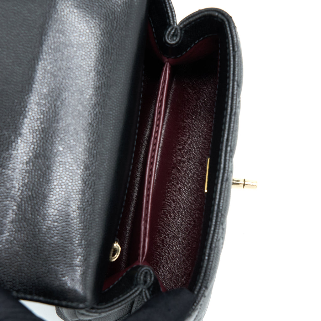 CHANEL MINI COCO HANDLE BAG WITH DARK RED HANDLE CAVIAR BLACK LGHW(MICROCHIP)