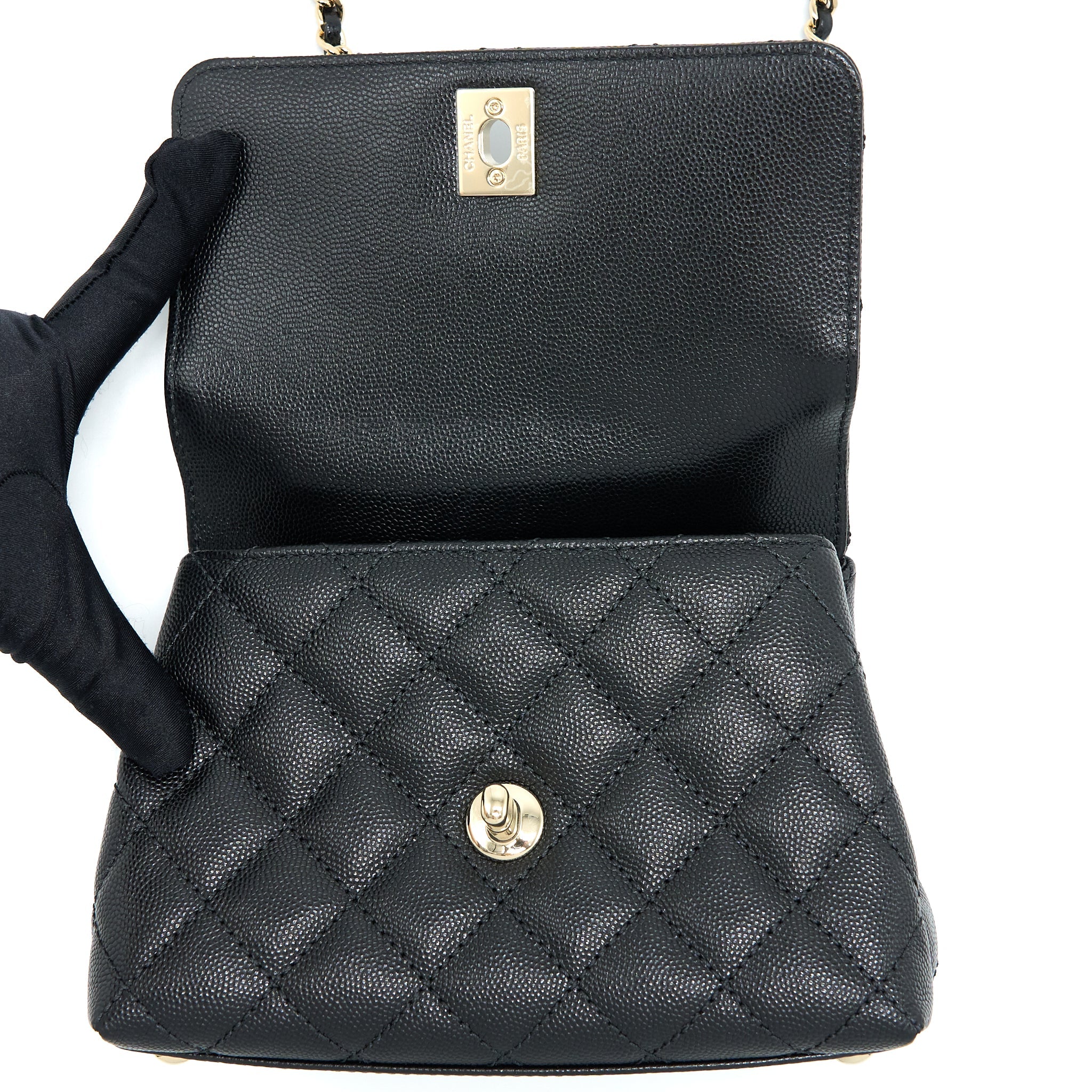 CHANEL MINI COCO HANDLE BAG WITH DARK RED HANDLE CAVIAR BLACK LGHW(MICROCHIP)