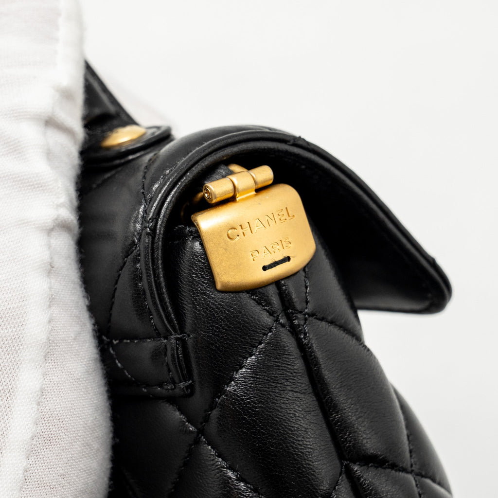 CHANEL 25P TOP HANDLE FLAP BAG SHINY LAMBSKIN BLACK GHW(MICROCHIP)