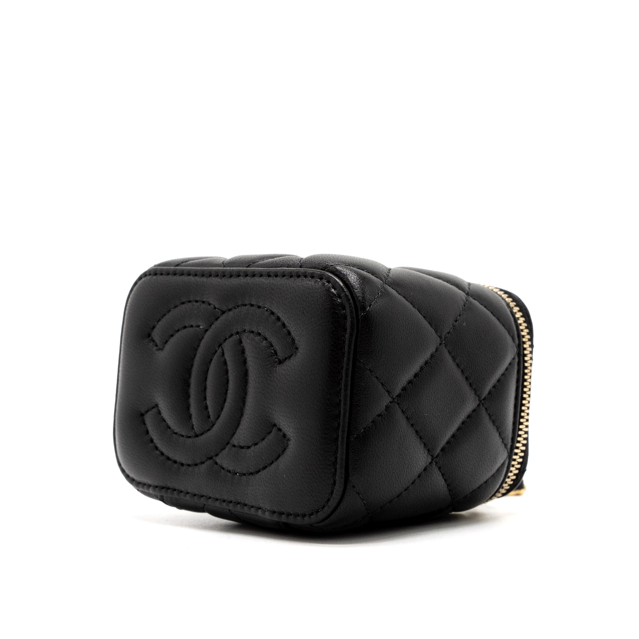 CHANEL PEARL CRUSH MINI VANITY WITH CHAIN LAMBSKIN BLACK BRUSHED GHW (MICROCHIP)