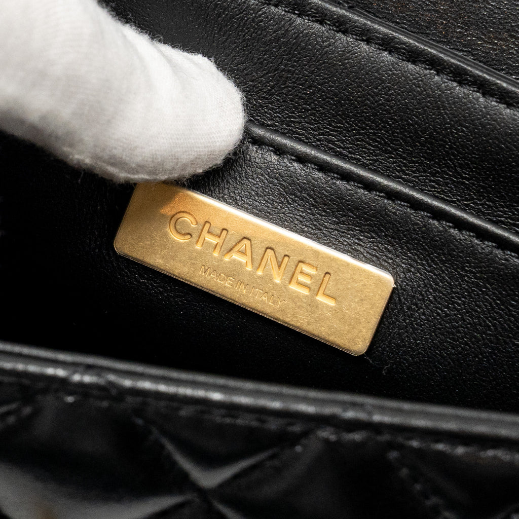 CHANEL 25P TOP HANDLE FLAP BAG SHINY LAMBSKIN BLACK GHW(MICROCHIP)