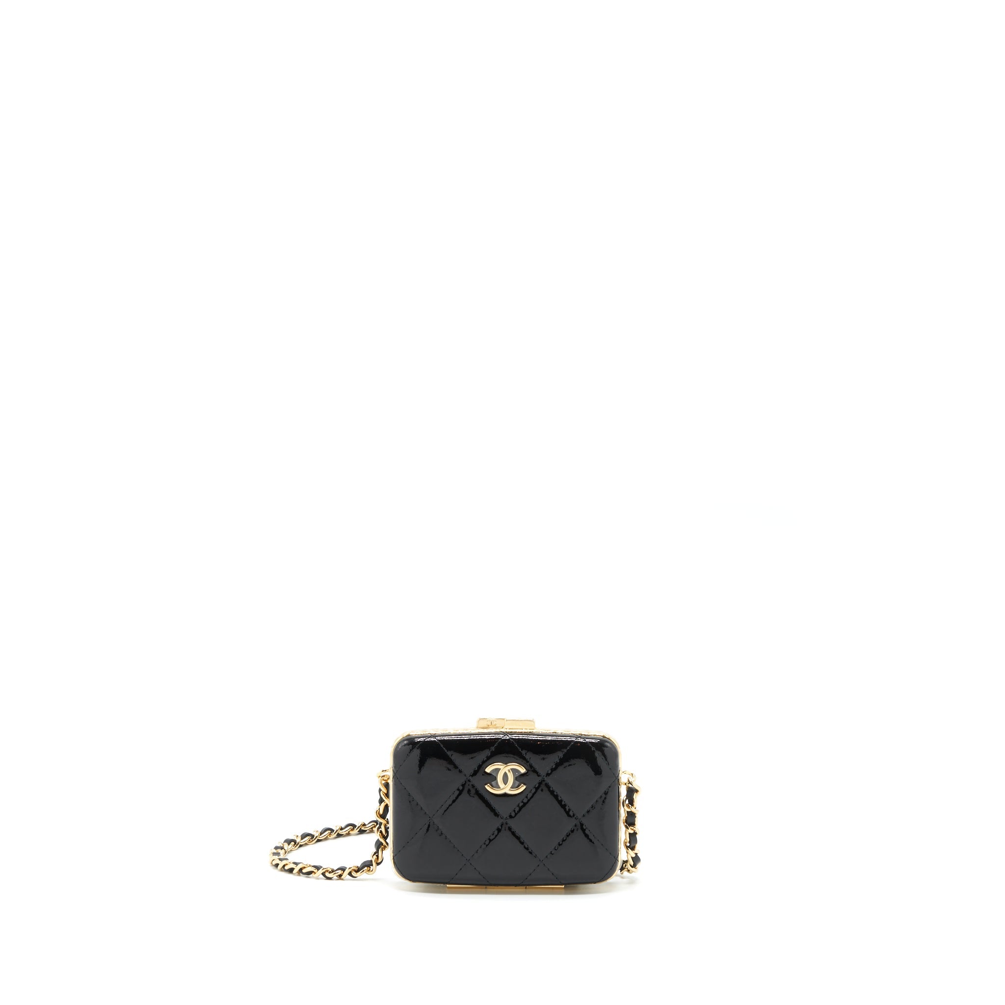 CHANEL 21A MINI CLIP BOX WITH CHAIN PATENT BLACK LGHW