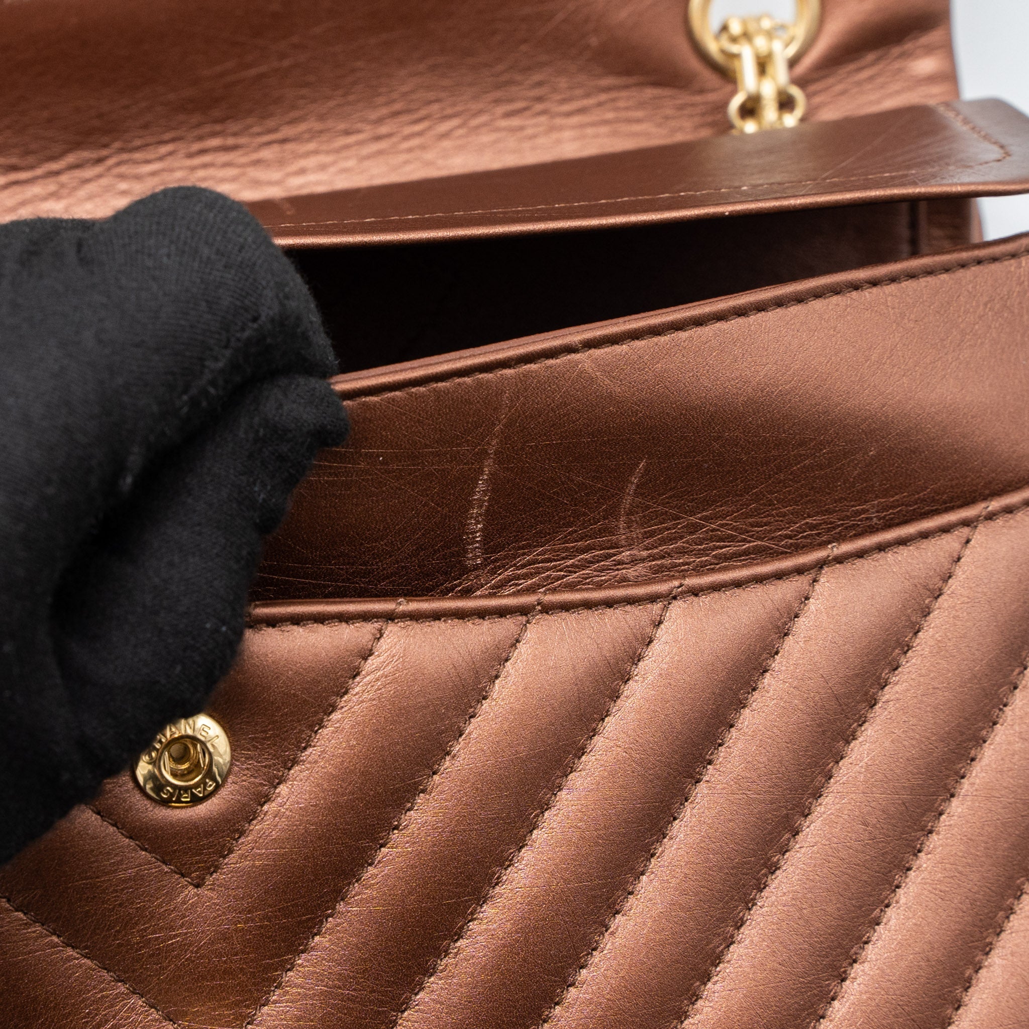 CHANEL 2.55 226 REISSUE FLAP BAG CHEVRON AGED CALFSKIN BRONZE BRUSHED GHW