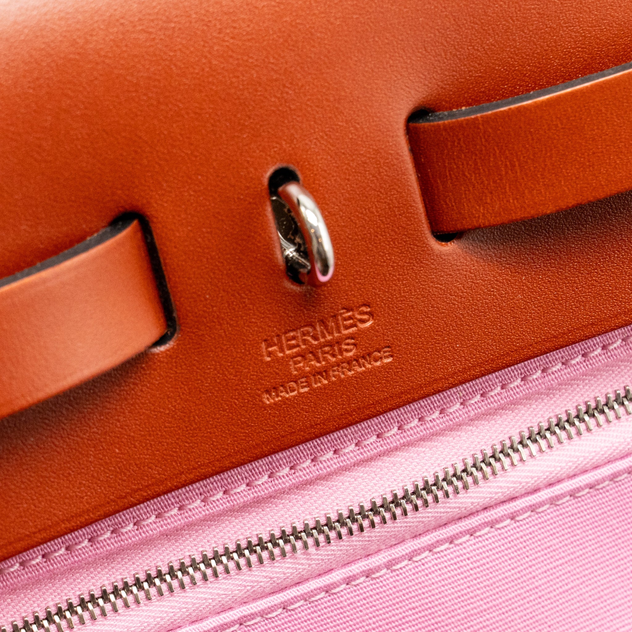 HERMES HERBAG 31 ZIP BAG CANVAS/HUNTER LEATHER PINK/CUIVRE SHW