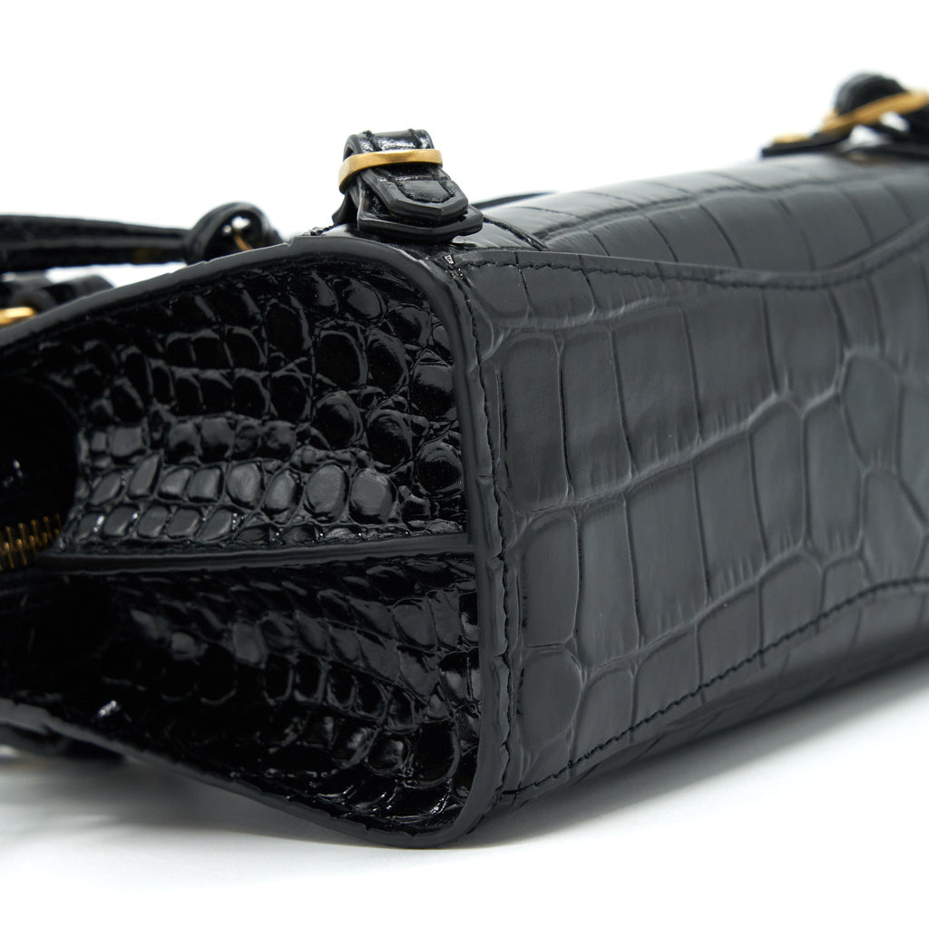 BALENCIAGA NANO NEO CLASSIC CITY BAG CROC-EMBOSSED CALFSKIN BLACK GHW