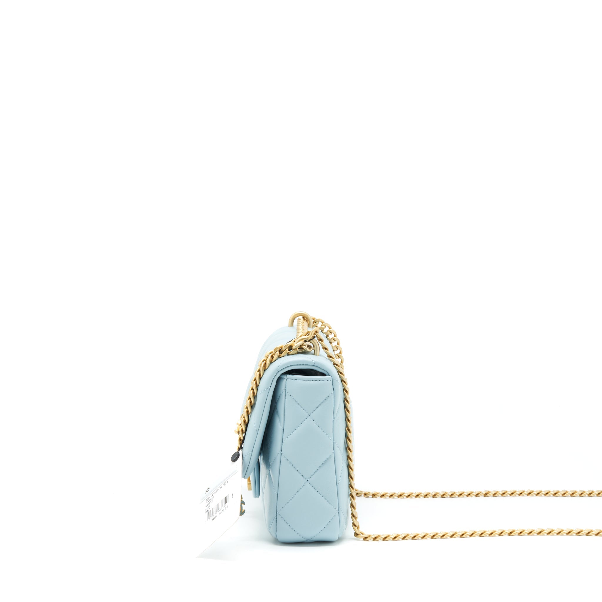 CHANEL 22P ENEMAL SMALL FLAP BAG LAMBSKIN LIGHT BLUE GOLD/BLUE HARDWARE