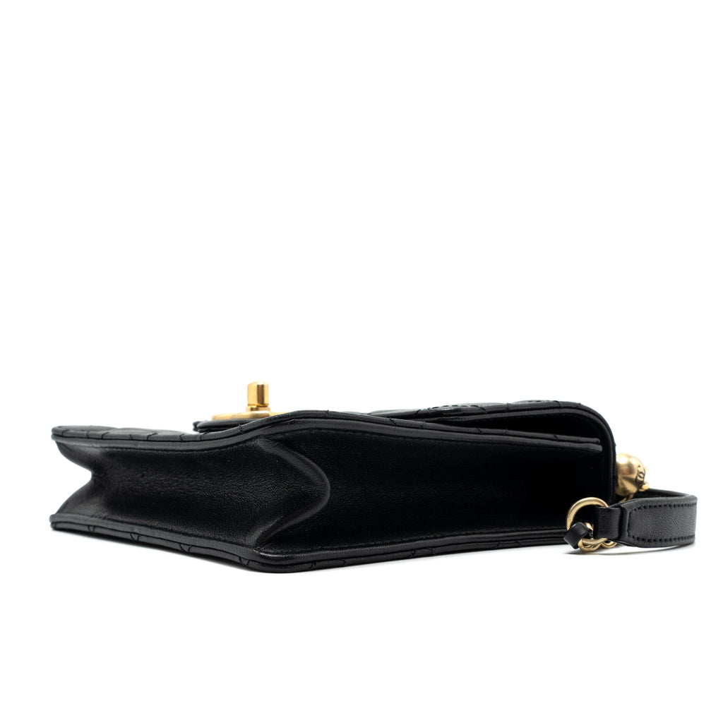CHANEL SQUARE PEARL FLAP BAG LAMBSKIN BLACK BRUSHED GHW