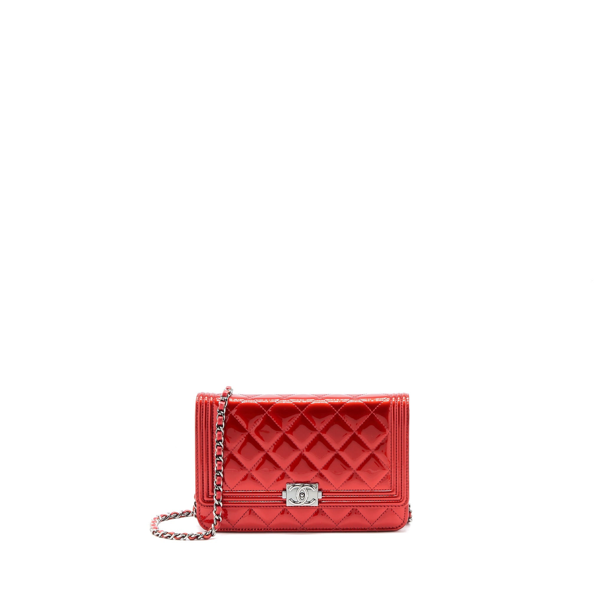 CHANEL BOY WALLET ON CHAIN PATENT METALLIC RED SHW
