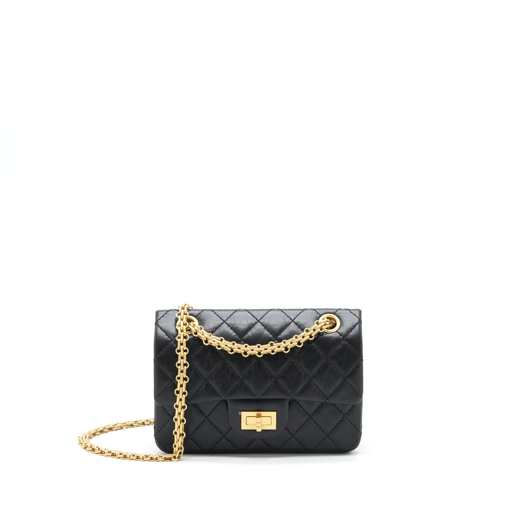 CHANEL MINI 2.55 REISSUE FLAP BAG AGED CALFSKIN BLACK BRUSHED GHW (MICROCHIP)